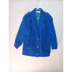Vtg 80s BEAU BREM Women's L Blue Warm Wool Blend Epaulettes Winter Jacket Button